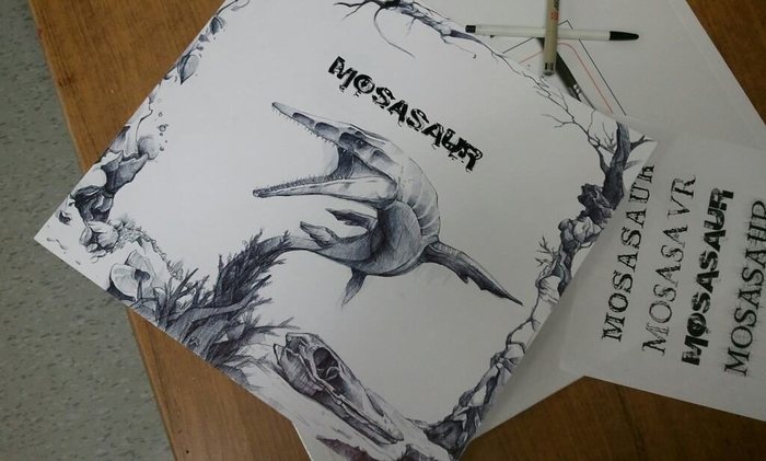 Detailed pen and ink drawing of a mosasaur, with hand-lettered title