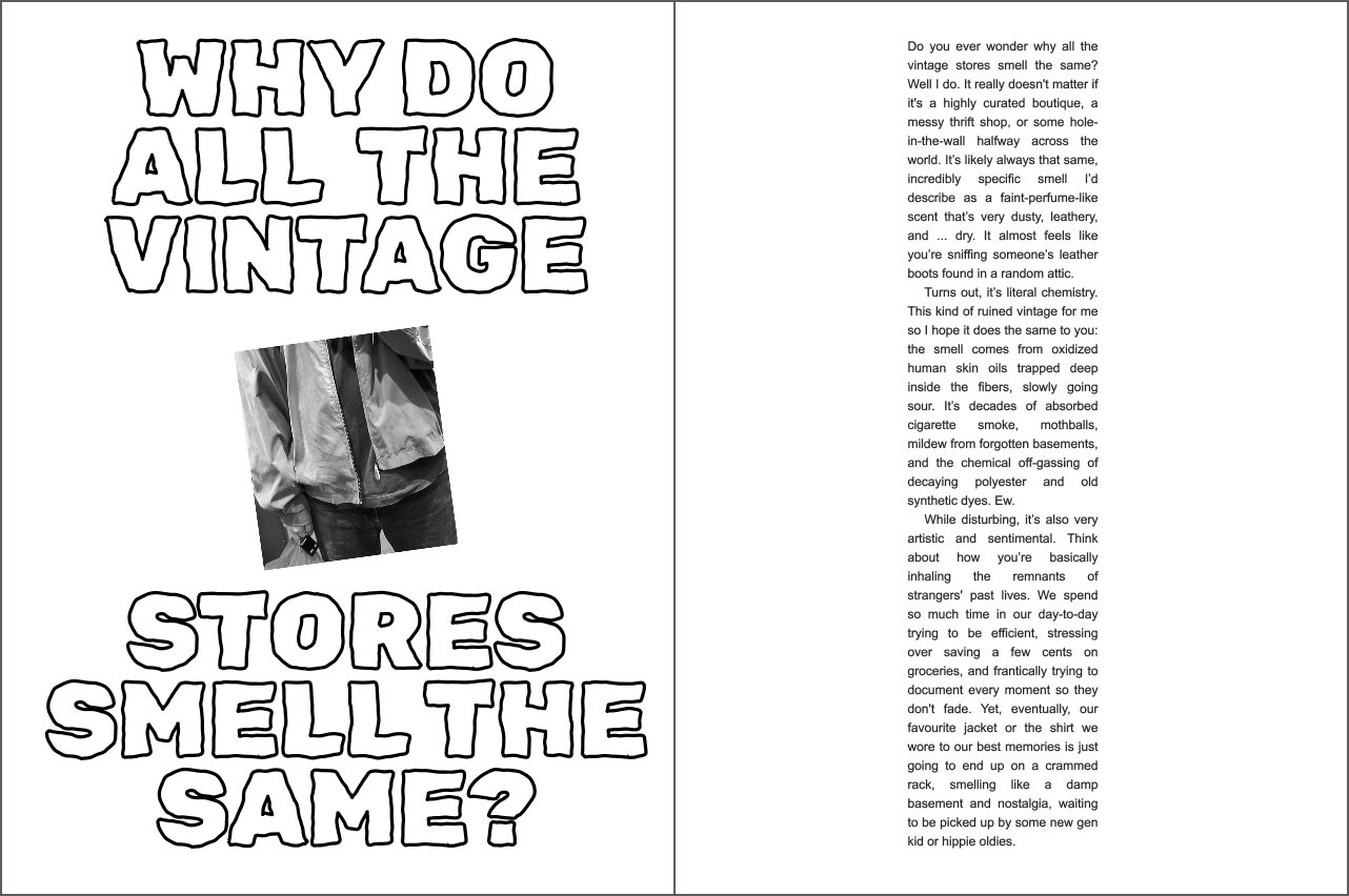 Zine spread with hand-lettered bubble type reading Why do all the vintage stores smell the same, next to a black and white photo and an essay